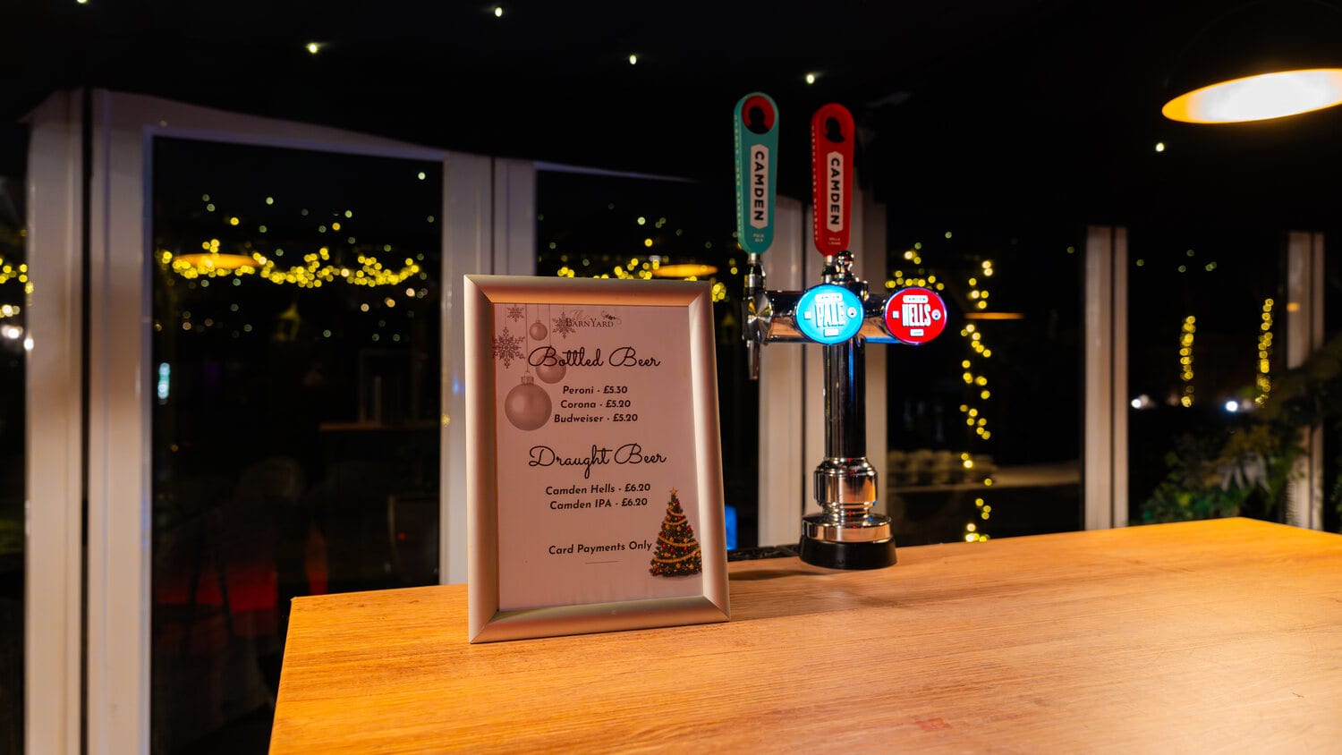 The bar at The BarnYard dressed for Christmas