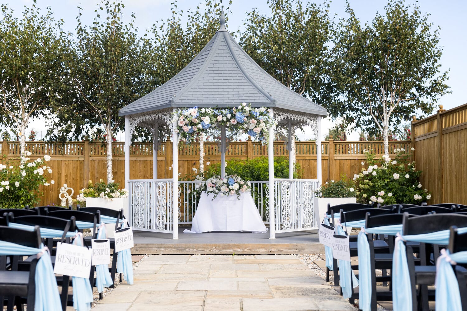 The draped gazebo at the end of the lavender walk