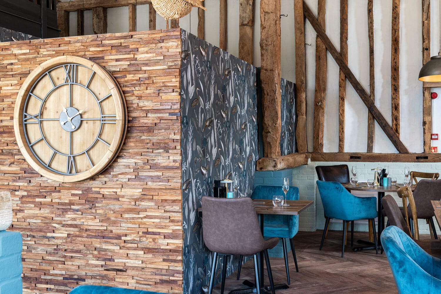 The feature clock above the restaurant